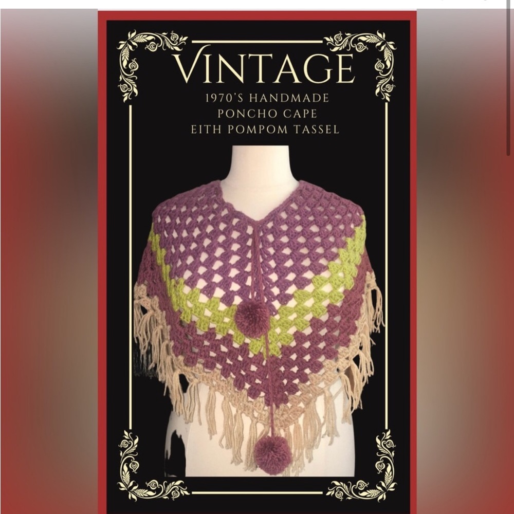 *Vintage crocheted pompom poncho / purple & cream color-